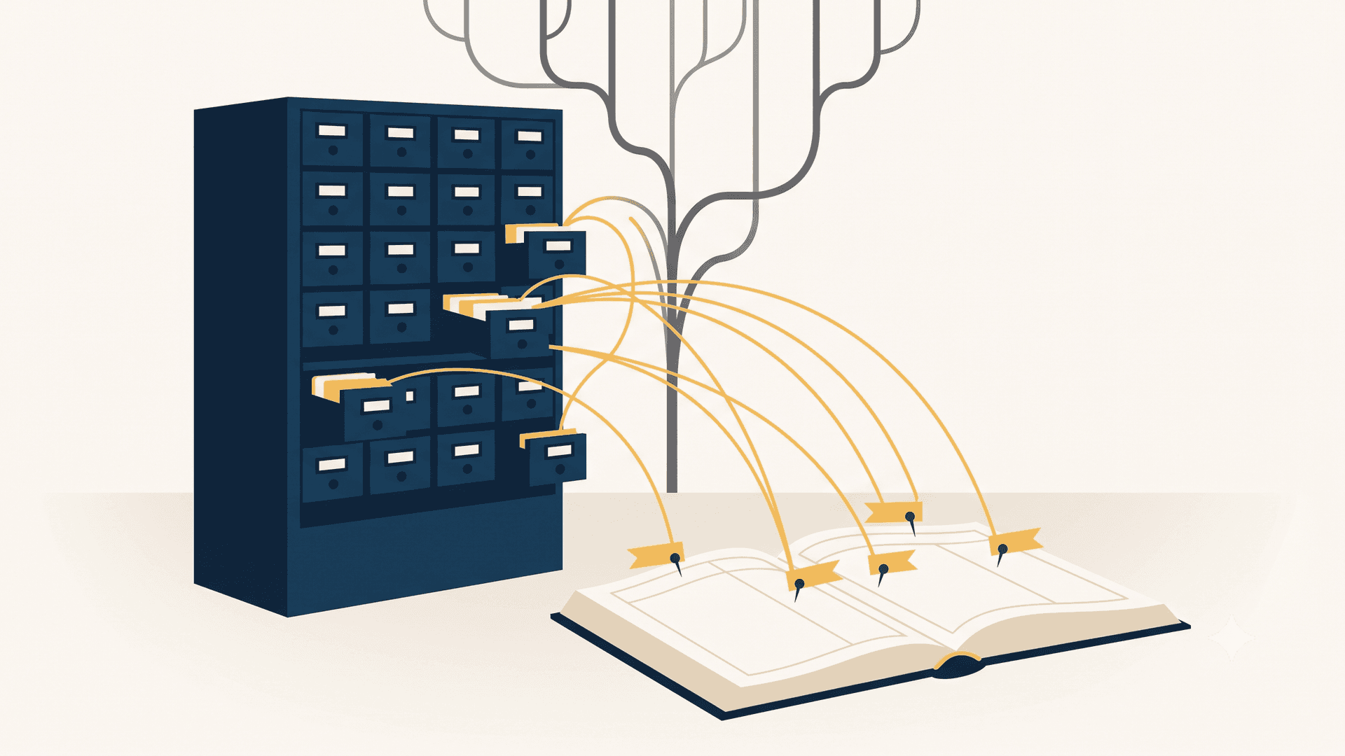 Editorial illustration for Variorum, the engineering memory layer for GitHub: an archival card catalog with open drawers, amber threads arcing from filed cards to citation tags pinned on an open ledger, a branching commit tree rising behind.